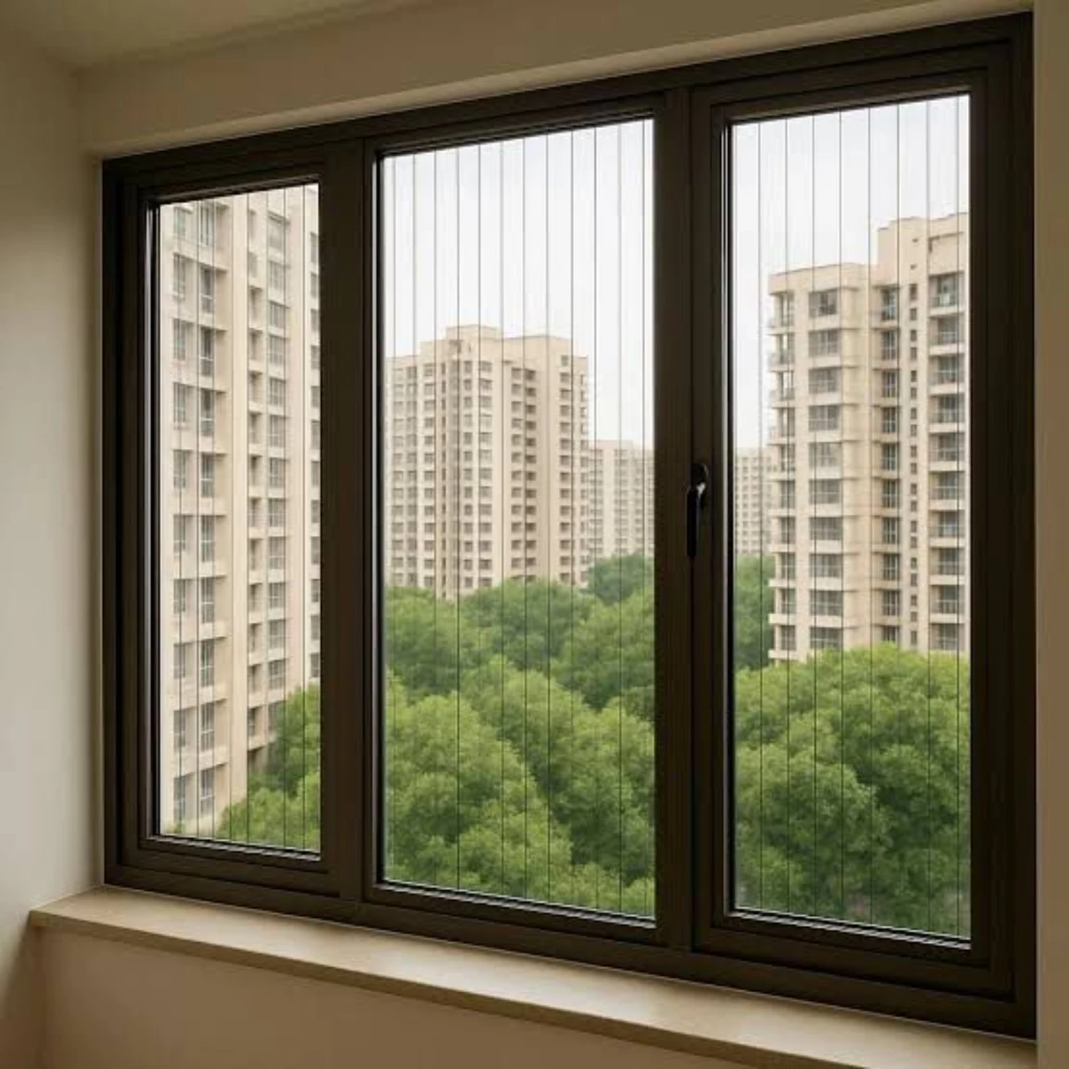 Invisible stainless steel safety cables installed across a large residential window