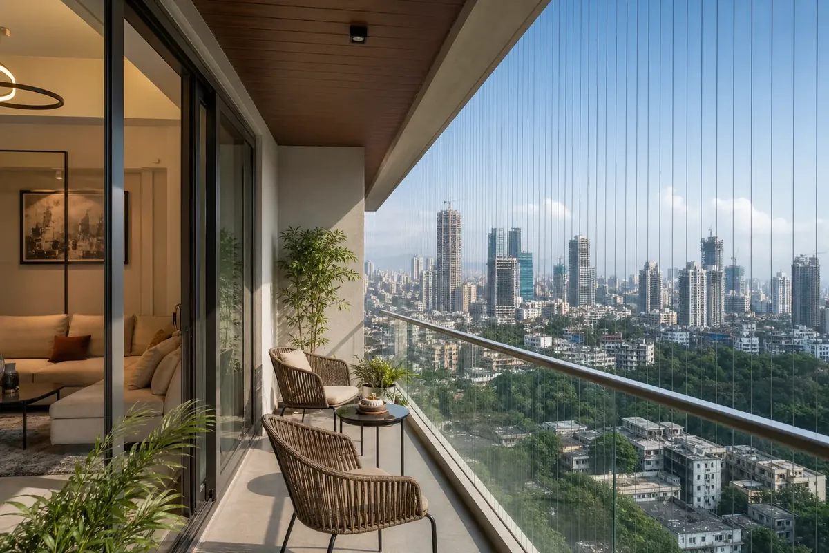 Invisible stainless steel grills on a Mumbai balcony — open view, zero blockage